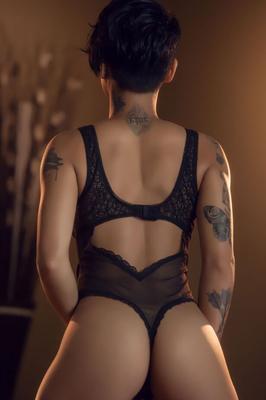 14P Black solo model Honey Gold masturbates after working free of sexy lingerie