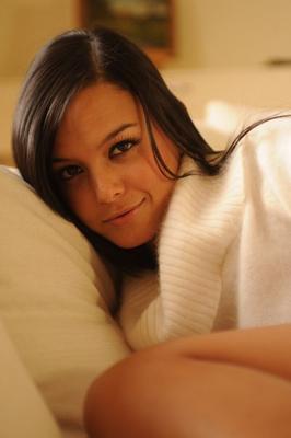 12P Brunette teen Sasha B doffs a sweater and underwear to model in the nude