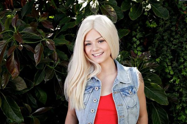 15P Cute blonde girl Elsa Jean takes off her denim clothes to pose nude in garden