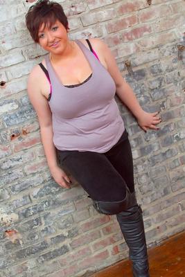 16P Thick amateur girl Lainey covers her naked tits with her hands by a brick wall