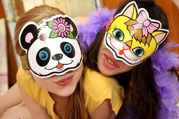 15P Teen lesbians scissor pussies on a bed after removing cosplay masks