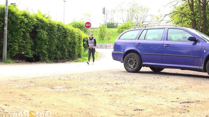 15P White girl Lara Fox squats for an urgent piss behind an automobile