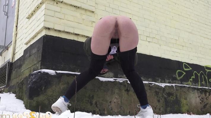 15P Sweet blonde bends over and pees outside