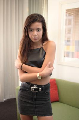 16P Cute tiny teen Roxy Burnside removes her short skirt to bare tiny tits and ass