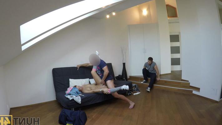 21P Brunette amateur strips, sucks dick and gets her twat railed on casting couch