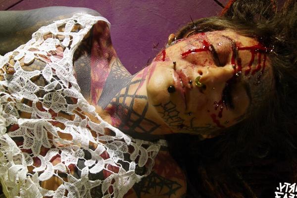 10P Tattooed girl sports a bloody face before showing her pussy and boobs