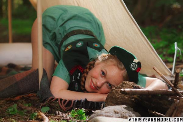 15P Redheaded Girl Scout Dolly Little gets naked outside her tent in beret