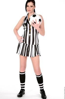 15P Brunette referee Belicia parks her pussy on a soccer ball after getting naked