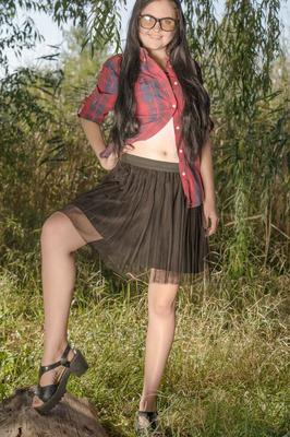 16P Geeky teen Sonny Moor takes off her glasses and clothes to go naked in woods