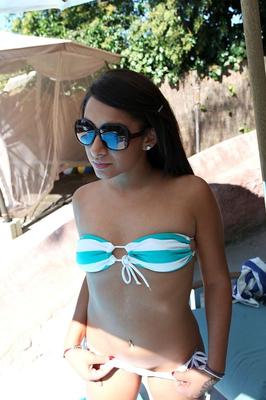 19P Cool Latina chick Kim Kennedy strokes a large dick and gets a mouthful of jizz