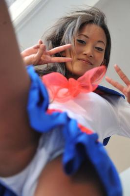 13P Cute teen Asian removes her schoolgirl uniform to spread in socks & heels