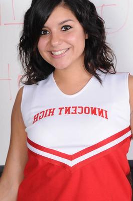 18P Dark haired cheerleader Christina Moure strips from her uniform
