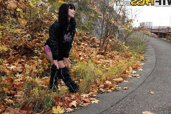 16P Sexy brunette steps off a walking path for anal sex on a Fall day