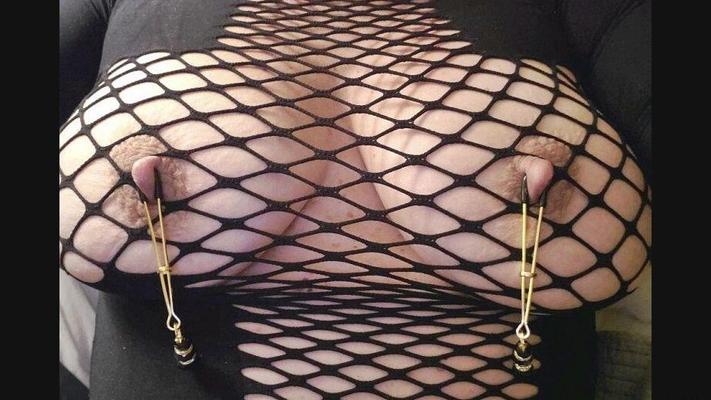 16P Mature lady Meyer is fitted with a ball gag and nipple clamps while restrained
