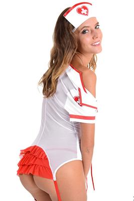 15P Solo girl Katya Clover works clear of a nurse outfit in white stockings