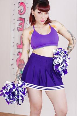 16P Tattooed schoolgirl cheerleader undresses for bald cunt spreading