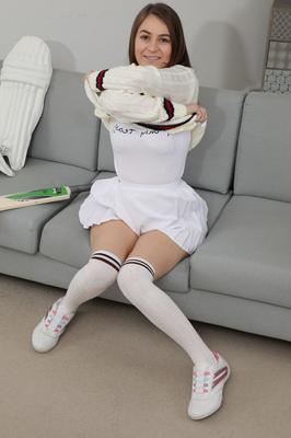 16P Athletic girl Summer places her hands over her big boobs in OTK socks