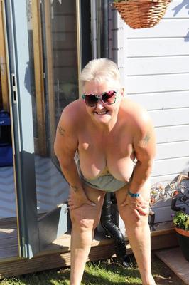20P Fat nan Valgasmic Exposed plays with her boobs in the backyard while barefoot