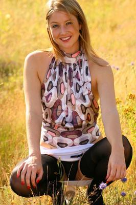 21P Wild amateur blonde Maddie M posing in stockings & panties in the field