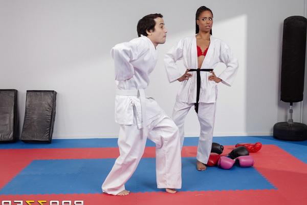 21P Ebony martial artist Kira Noir riding her white instructor's hard cock