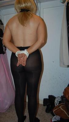 14P Blonde amateur Adrienna is tied with rope while ball gagged in pantyhose