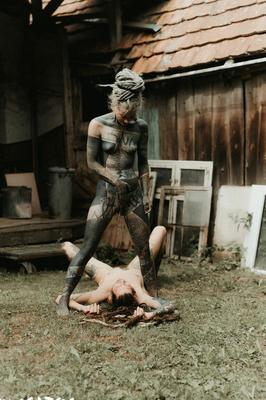 16P Heavily tattooed girls piss on a naked man outside the back steps of a house