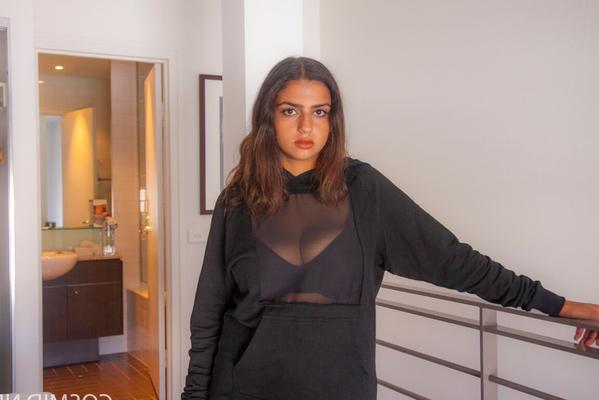16P Hot chubby Lena Moore removes her black bra to pose topless in her panties