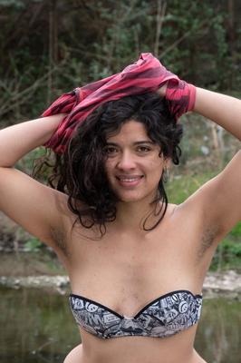 21P Brunette exotic teen Maria F flaunts her bushy beaver & natural tits outdoors