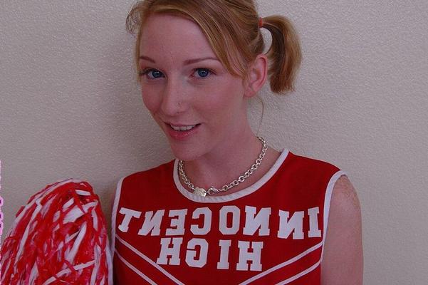 17P Pigtailed cheerleader Alexa Lynn flashes tiny natural tits and panties