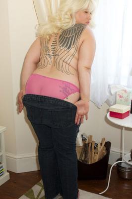 20P Overweight UK blonde Gina George uncovers knockers before sliding undies aside