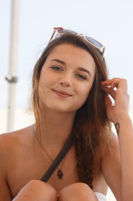 11P Brunette teen Alex Mae posing pantyless & flashing her tits on the sandy beach