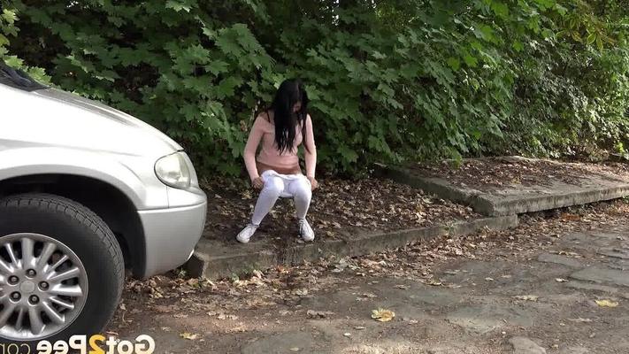15P 黒髪の女の子ディーが白いレギンスを下ろして茂みの後ろでおしっこする