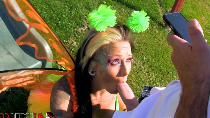 15P Cute brunette Lily Fatale has sex in a backyard while wearing a cosplay outfit