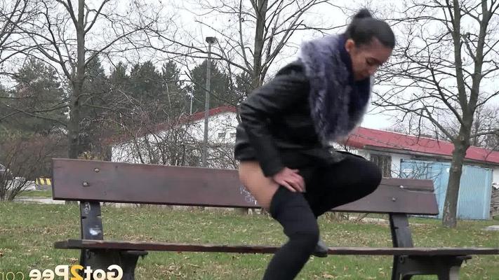 15P Raven haired babe pisses over wooden bench