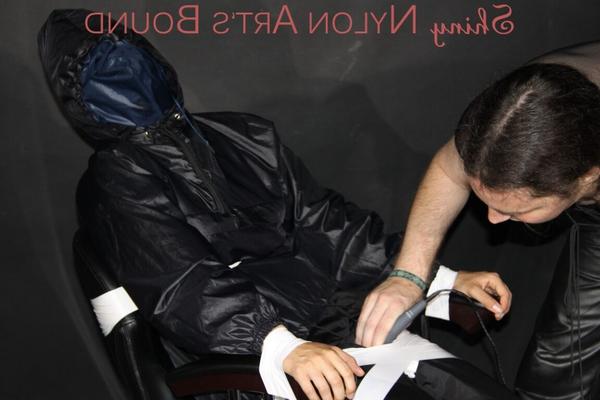 16P Watching our new model AIYANA wearing sexy shiny nylon rainwear being bound