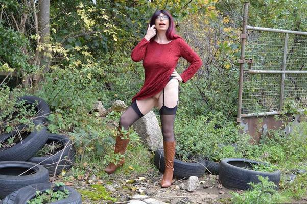 20P Horny mature Barby spreads ass in stockings & boots in naked outdoor upskirt