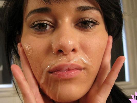 20P Dark haired babe with small tits Viki poses with cum on her face after sex