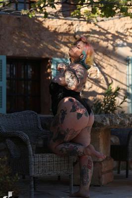 21P Tattooed BBW Galda Lou revealing her enormous natural tits & fat booty outside