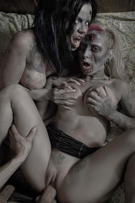 17P 2 punk girls in scary makeup tongue kiss at end of a 3some parody