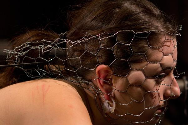 21P Brunette Missy Minks gets abused & fucked by a dildo machine in metal bondage