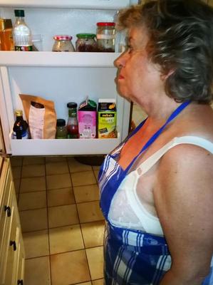 20P Old housewife Caro takes off her underwear in kitchen apron and stockings