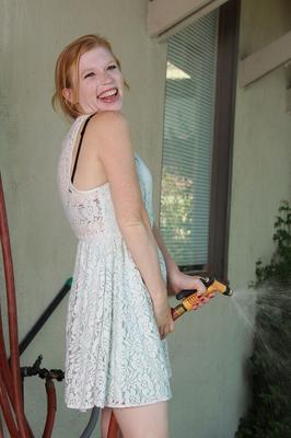 16P Pale redhead Madison Young pinches nipples & reveals shaved muff outside