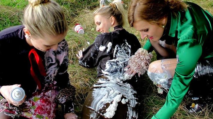 15P Clothed lesbians douse each other if food stuffs while in a field
