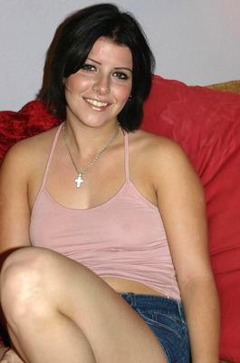 16P Brunette amateur Brin slides panties aside to show her bald pussy