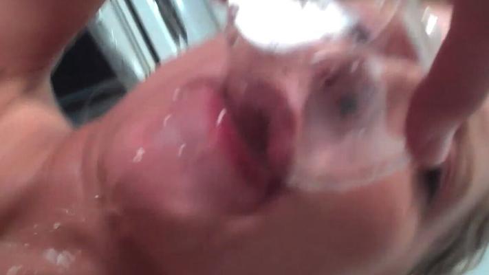 15P Curly blonde slut drinking piss from bowl