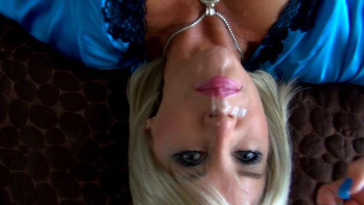 11P Blonde housewife Wifey gets facialized by her hubby in a short blue dress