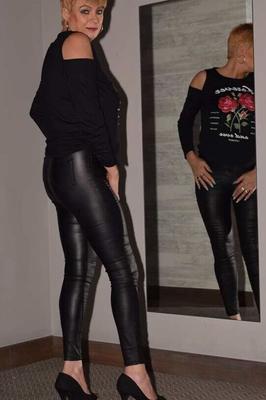 19P Middle-aged amateur Dimonty models topless afore a mirror in leather pants