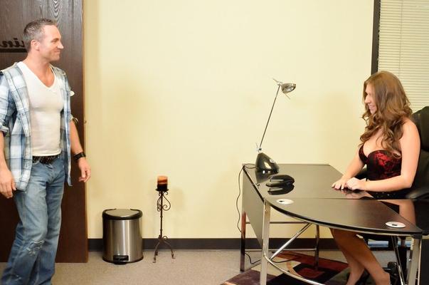 15P Pretty receptionist Alex Chance has sexual intercourse on a leather chair