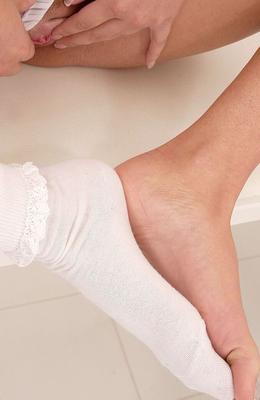 10P Petite blonde nurse May takes off her white undies and pees in a tub