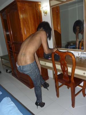 13P Ebony shemale Bo takes her tight jeans off and shows big black dick